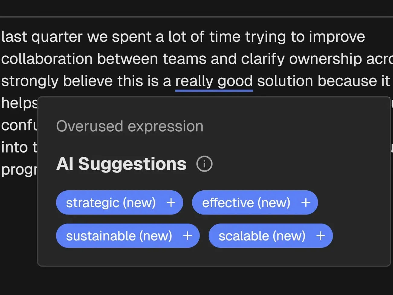 Suggestion tooltip open with stronger alternatives